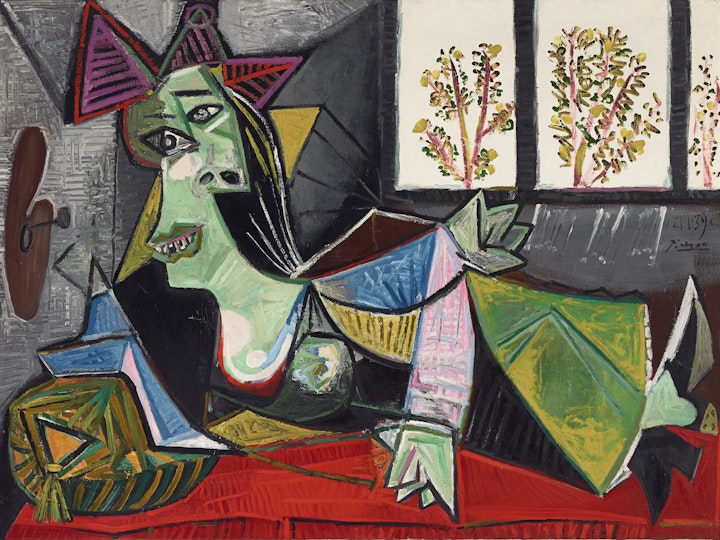An abstract painting of a person lying on a flat couch with a cushion in front of a window