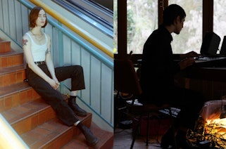 In the photo on the left, a person with chin-length hair sits on some stairs. In the photo on the right, a short-haired person sits indoors at a control panel, almost silhouetted against a window