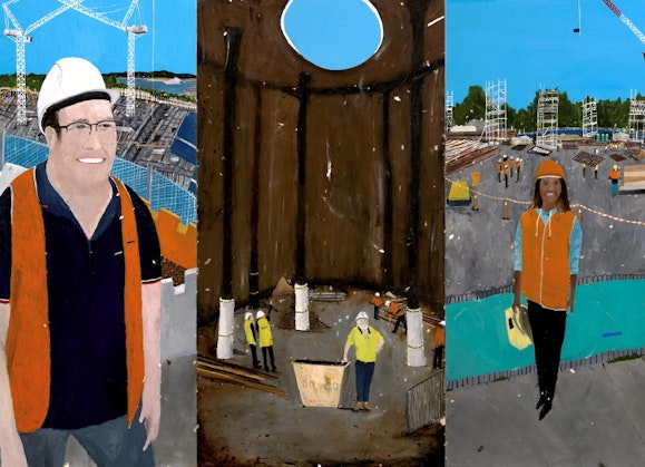 A painting of nine panels, each showing a view of a construction site and workers in different roles