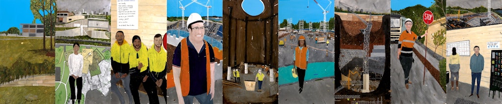 A painting of nine panels, each showing a view of a construction site and workers in different roles