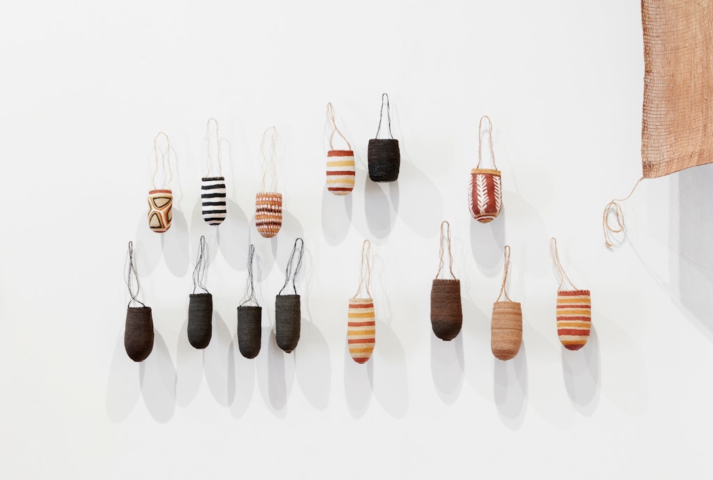 Installation view of the Yiribana Gallery featuring works by Helen Ganalmirriwuy Garrawurru, Mandy Batjula Gaykamaŋu and Margaret Rarru Garrawurra, photo © Art Gallery of New South Wales, Zan Wimberley