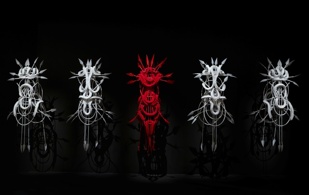 Grace Lillian Lee Belonging 1–5 2021–22, from the series Belonging, cotton webbing, goose feathers, timber cane, cotton and wool thread, Art Gallery of New South Wales, commissioned with funds provided by the Aboriginal Art Collection Benefactors 2021 © Grace Lillian Lee