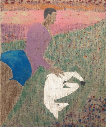 Mark Maurangi Carrol Tamāroa – boy with lamb 2022, oil enamel, permanent marker on linen, 122 x 100 cm