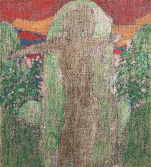 Mark Maurangi Carrol Statuette 2022, oil enamel, permanent marker on linen, 102 x 92 cm
