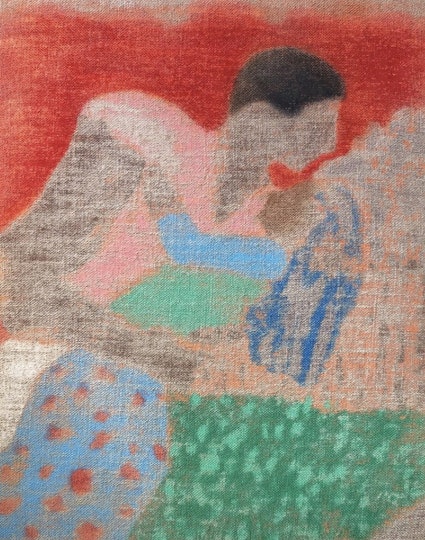 Mark Maurangi Carrol Plastic garden sim 2022, oil enamel, permanent marker on linen, 84 x 66 cm