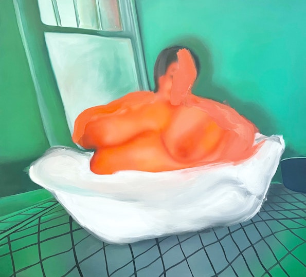 Sarah Drinan Bath with mum 2022, acrylic and oil on canvas, 101 x 112 cm