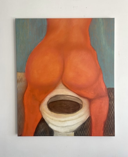 Sarah Drinan Golden child (pissing boots) 2022, acrylic and oil on canvas, 96 x 80 cm