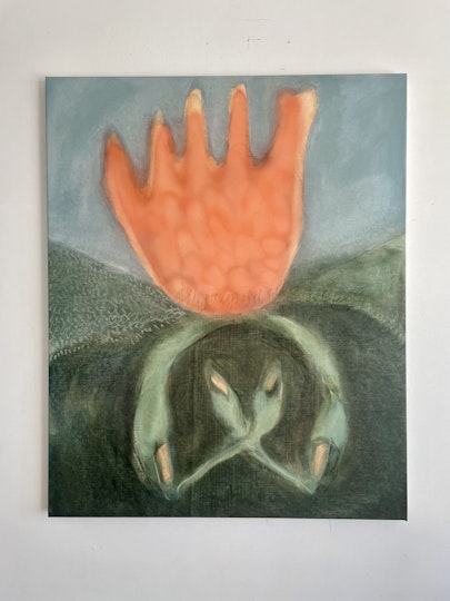 Sarah Drinan Golden horns and the swan swamp 2022, acrylic, oil and soft pastel on canvas, 110 x 85 cm