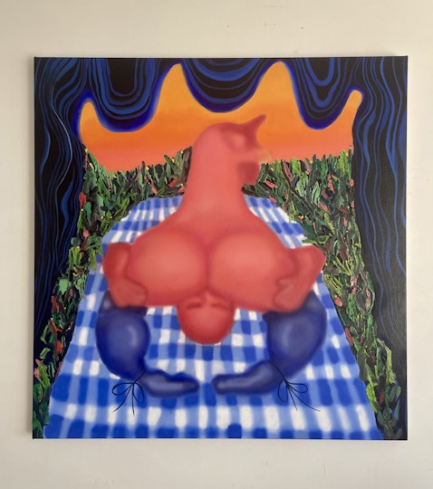 Sarah Drinan If I was a hot chicken on a picnic date 2022, acrylic and oil on canvas, 100 x 100 cm