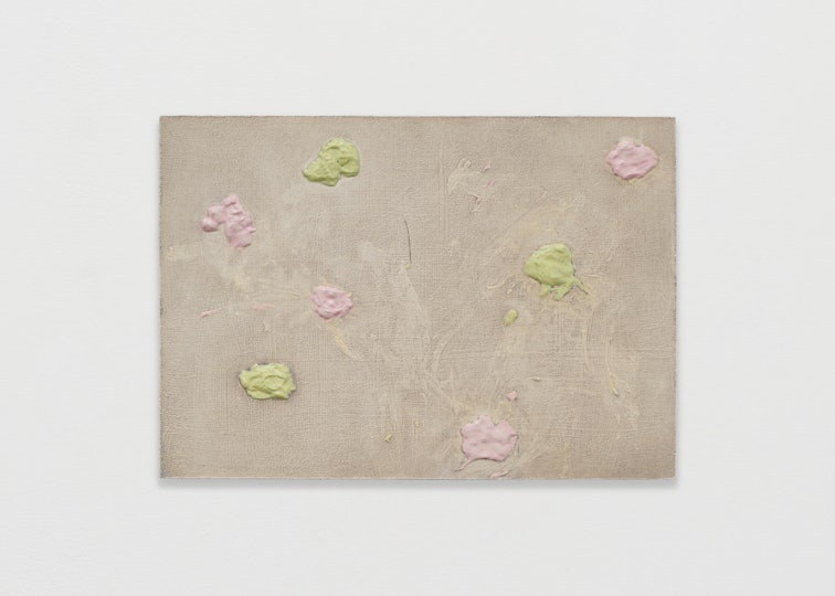 Bill Hawkins Chewing gum abstraction 2022, oil and modelling paste on wooden board, 20 x 28 cm