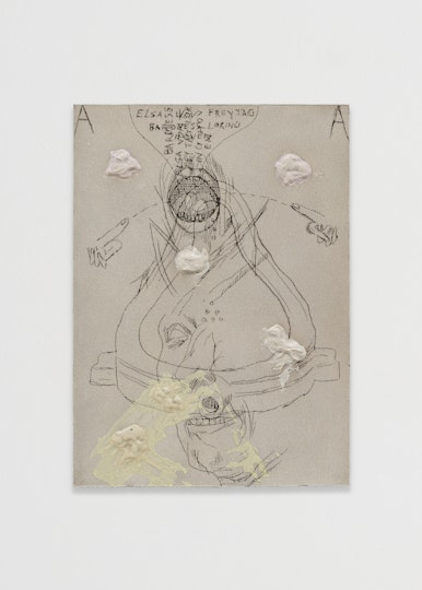 Bill Hawkins Baroness Elsa one ups Duchamp 2022, oil and modelling paste on wooden board, 28 x 20 cm