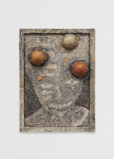 Bill Hawkins Bad ideas 2022, oil, eggshells, sand, wood and modelling paste on wooden board, 28 x 20 cm