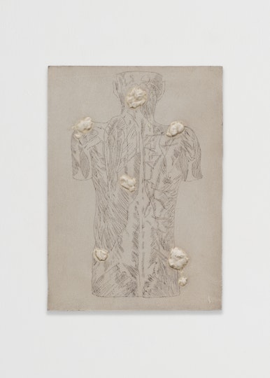 Bill Hawkins Dried chewing gum as Greek sculpture 2022, oil and modelling paste on wooden board, 28 x 20 cm