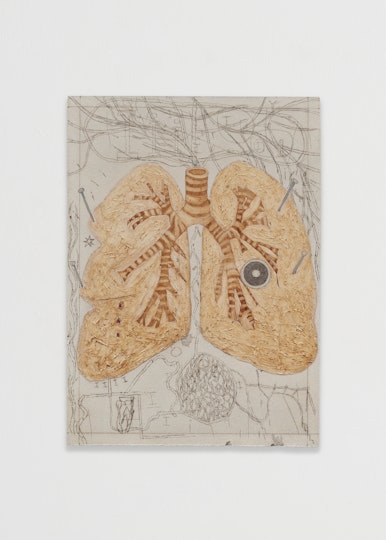 Bill Hawkins Leonardo draws the lung 2022, oil and modelling paste on wooden board, 28 x 20 cm