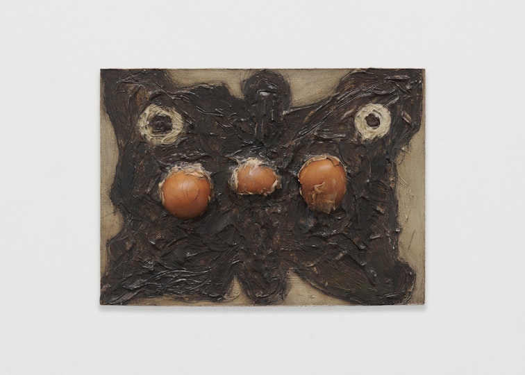 Bill Hawkins Metamorphosis 2022, oil, eggshells and modelling paste on wooden board, 20 x 28 cm