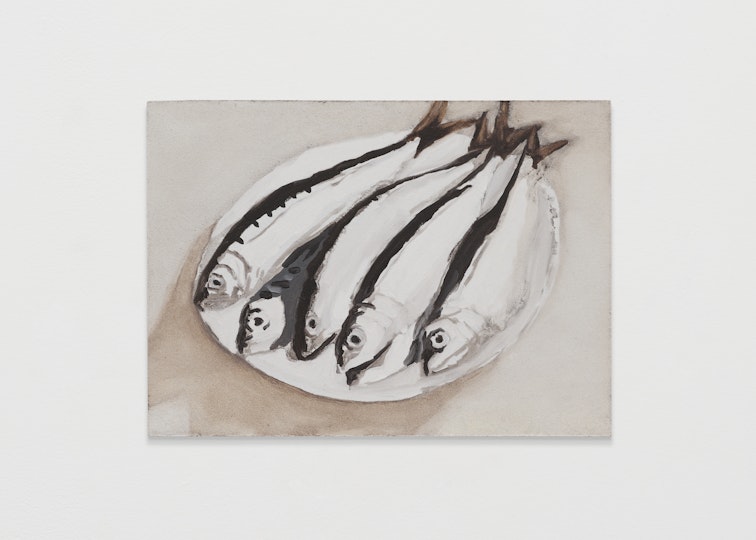 Bill Hawkins Plate of sardines 2022, oil on wooden board, 20 x 28 cm