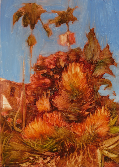 Miranda Hine Jan and Barbara's garden (orange) 2022, oil on board, 15.8 x 12.7 cm