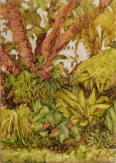 Miranda Hine Jan and Barbara's garden (green) 2022, oil on board, 15.8 x 12.7 cm