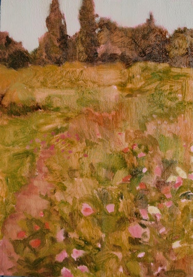 Miranda Hine Wildflower garden 2022, oil on board, 25.5 x 16.5 cm