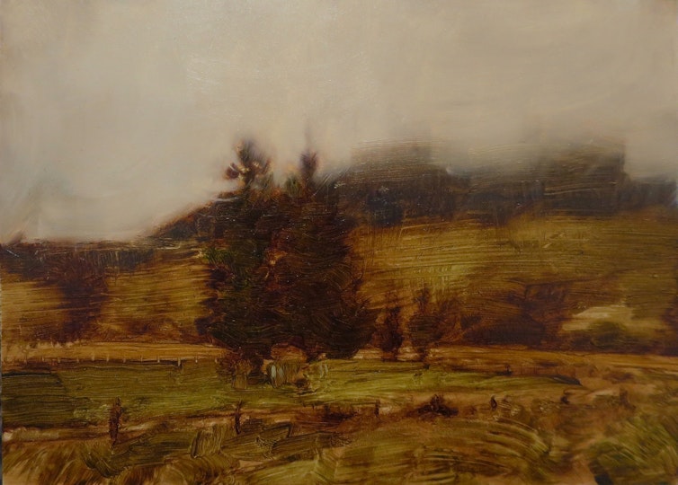 Miranda Hine Kyogle gates 2022, oil on board, 12.7 x 15.8 cm