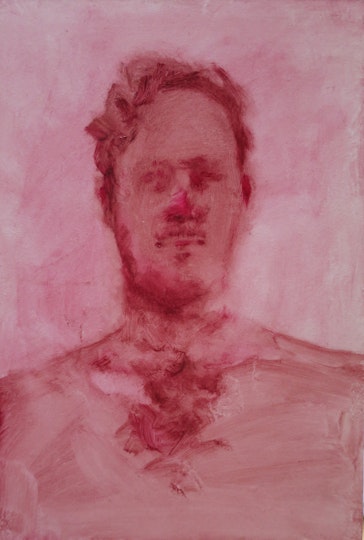 Miranda Hine Little pink macho moustache 2022, oil on board, 23 x 15 cm