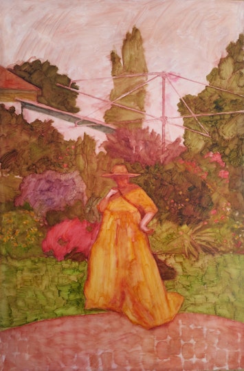 Miranda Hine Mil in a stranger's garden, Toowoomba 2022, oil on board, 92 x 61 cm