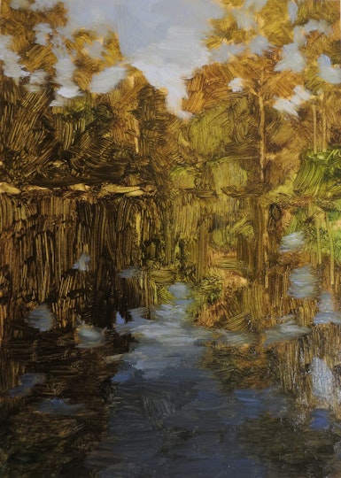 Miranda Hine Wetlands afternoon 2022, oil on board, 15.8 x 12.7 cm