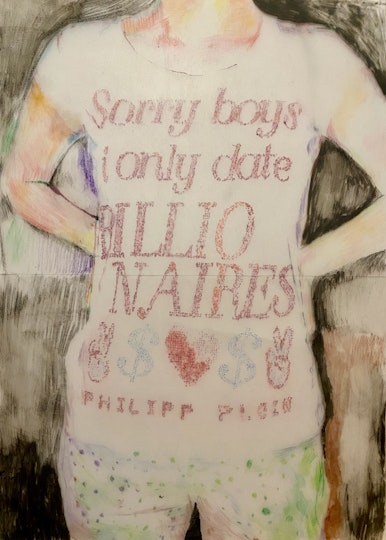 Drew Connor Holland Rhinestones (Phillip Plein) 2022, watercolour pencil on polypropylene, 59.5 x 42 cm