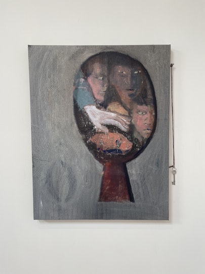 Oliver Scherer Half asleep 2022, oil on canvas with cord, nail and key, 77 x 61 cm