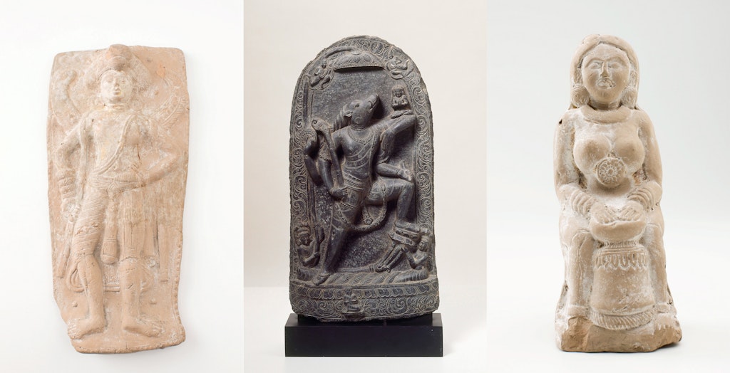 Photos of three sculptures depicting figures in different poses