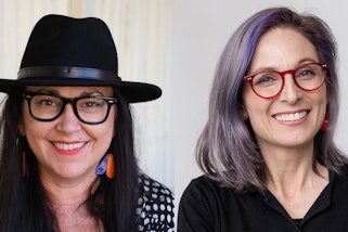 Photos of two people, both with long hair and glasses. The person on the left wears a hat