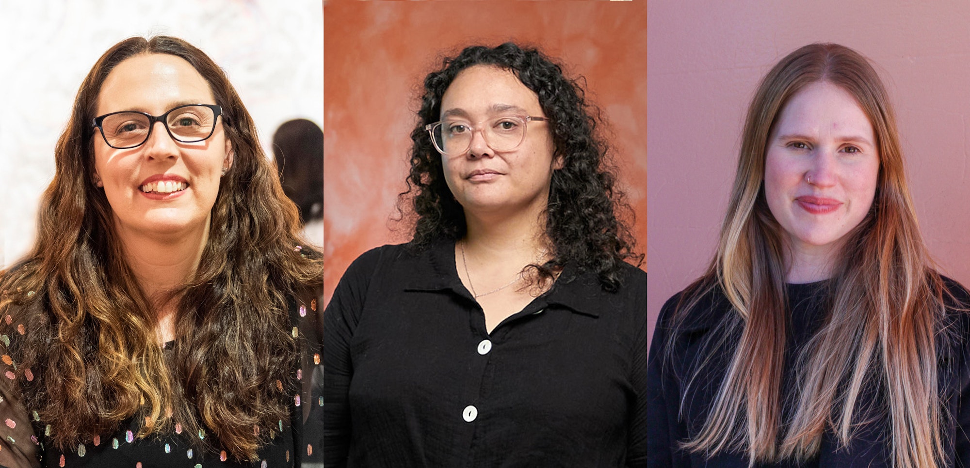 Three photos of people, all with long hair, two wearing glasses