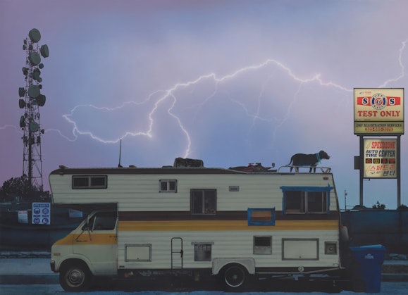 A campervan, with a dog on the roof, is parked between a telecommunications tower and a neon sign. Lightning cracks across a purplish sky.