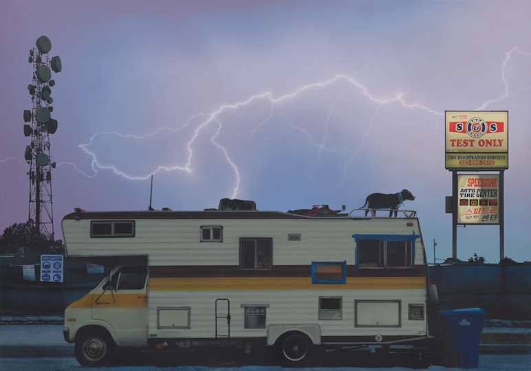 A campervan, with a dog on the roof, is parked between a telecommunications tower and a neon sign. Lightning cracks across a purplish sky.