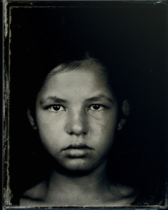 Brenda L. Croft (Gurindji/Malngin/Mudburra Peoples), Tristan (Dharawal/Yuin), 2021 (from the series ‘Naabami (thou shall/will see): Barangaroo (army of me)’ 2016 -  inkjet print (from original tintype, wet plate collodion process) on archival paper, 140.3 cm x 99.9 cm. Courtesy of the artist and Niagara Galleries, Melbourne