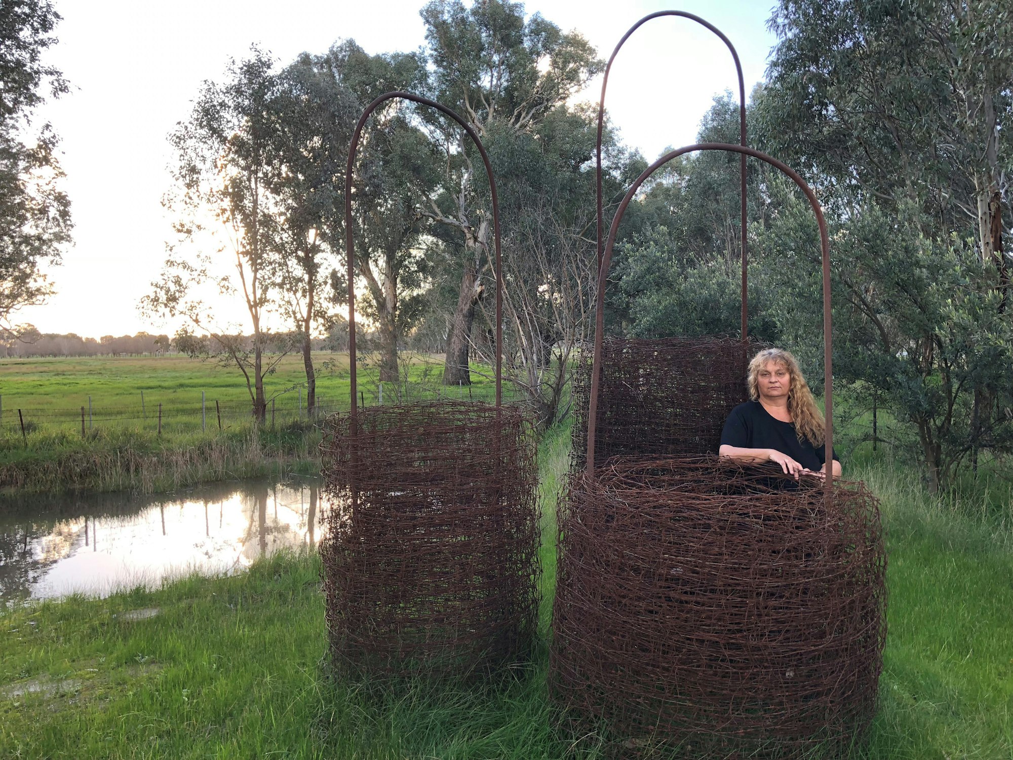 A person with long wavy hair stands outdoors among grass and trees next to large wire and metal structures