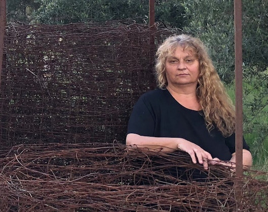 A person with long wavy hair stands outdoors among grass and trees next to large wire and metal structures