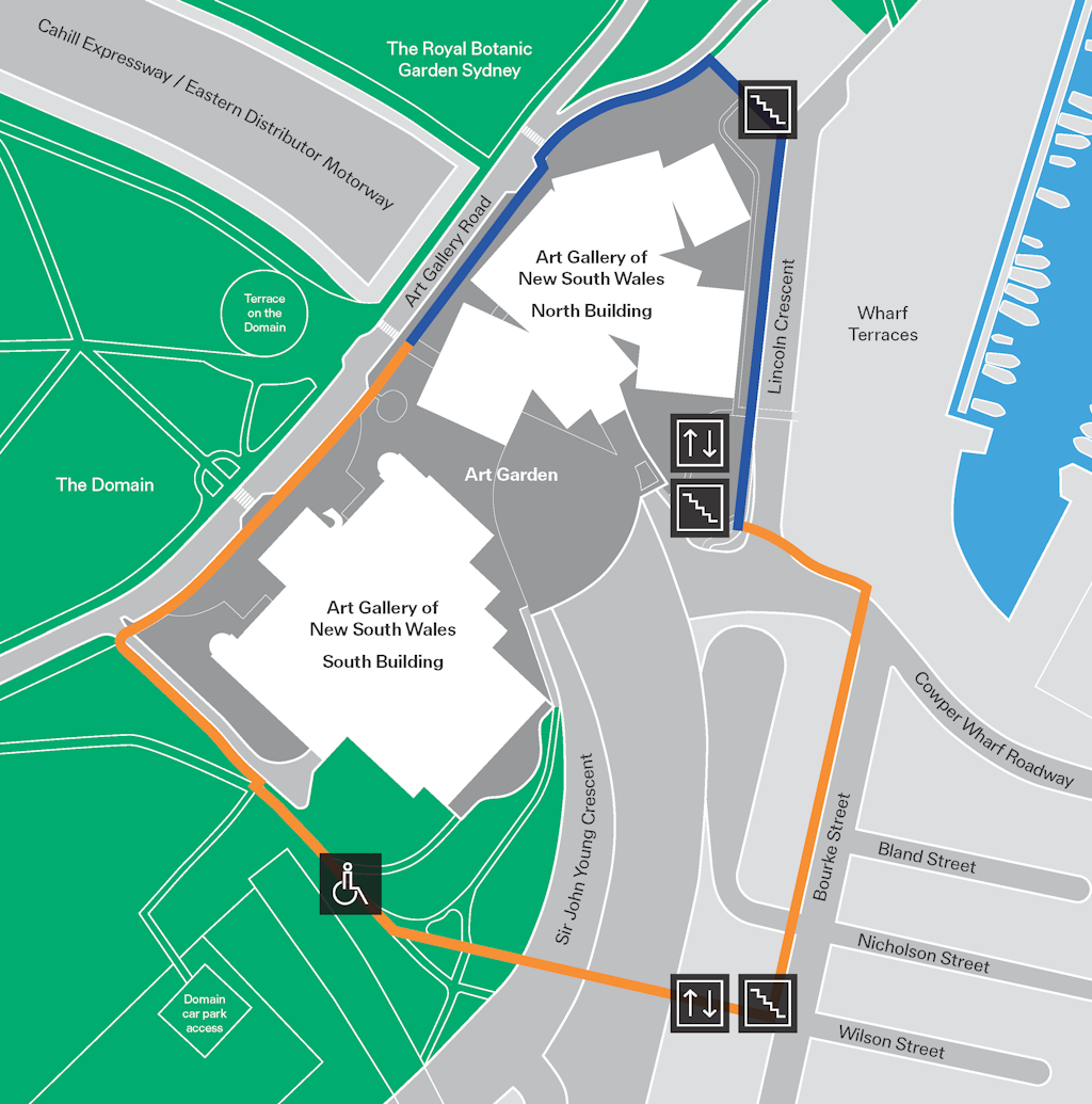 Map indicating pedestrian access from Woolloomooloo to Art Gallery Road, near the North Building, is via public stairs next to the Ausgrid substation on Lincoln Crescent, and disabled access is via a lift on Bourke Street to a pedestrian bridge behind the South Building.