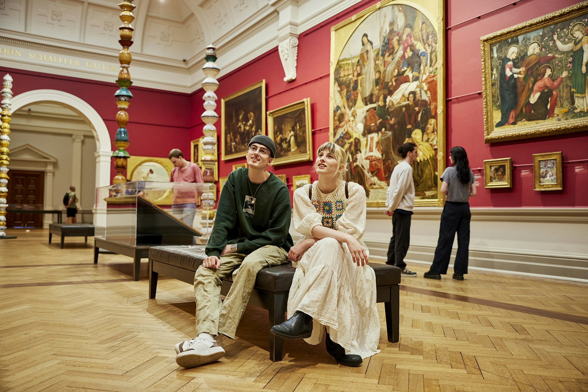 Installation view of the Grand Courts at the Art Gallery of New South Wales, featuring Pascale Marthine Tayou Colonnes Pascale 2012, Art Gallery of New South Wales, photo: James Horan