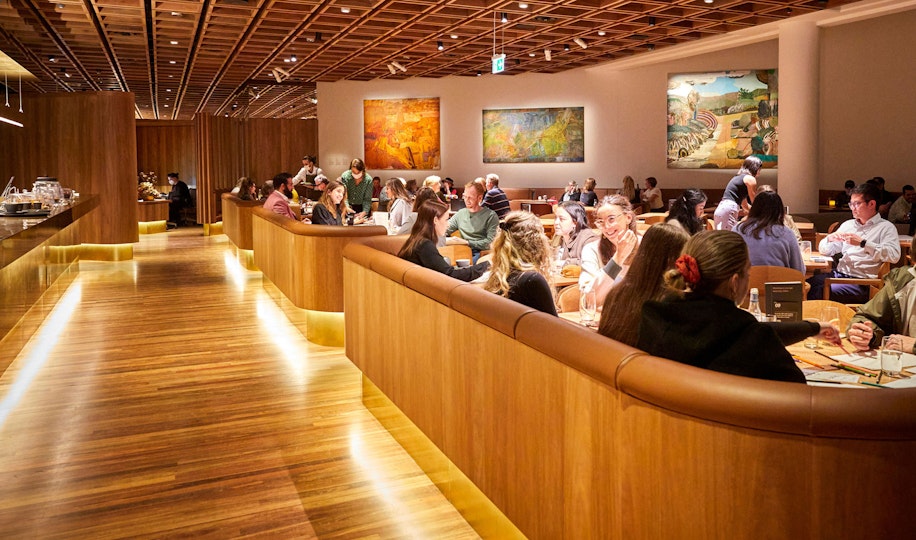 The Members Lounge at the Art Gallery of New South Wales, featuring (left to right) Elisabeth Cummings Arkaroola landscape 2004, Sonia Kurarra Martuwarra 2014 and Guy Maestri The rain song 2020, photo © Art Gallery of New South Wales, Diana Panuccio