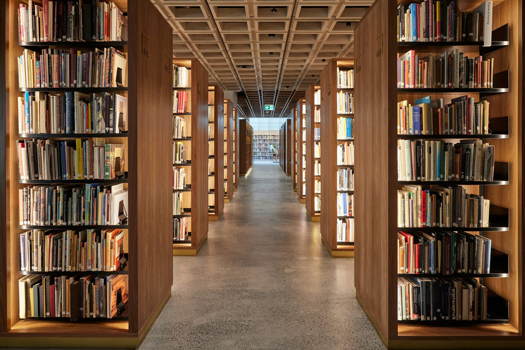 A wide passageway between rows of bookshelves stacked with books