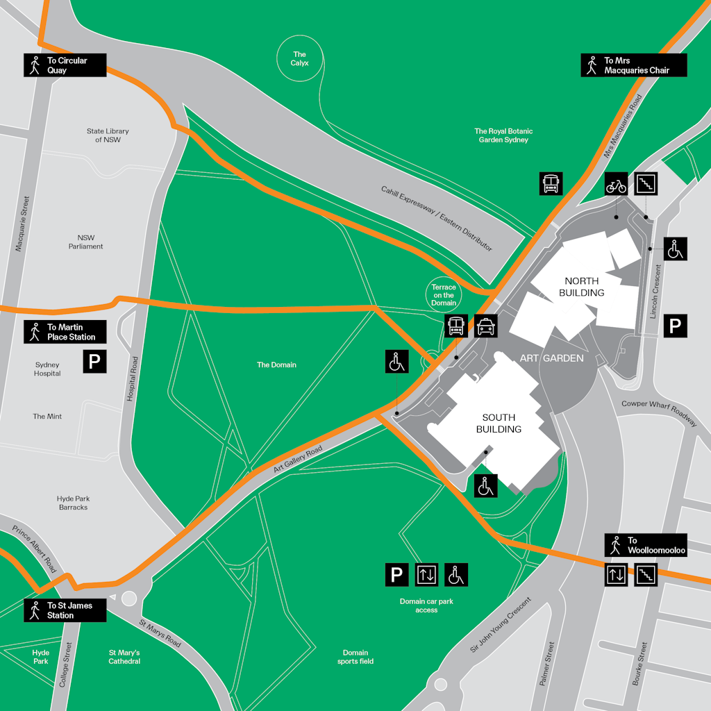 A map showing two buildings labelled South Building and North Building and surrounding landmarks and access points