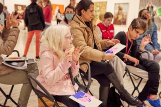 Guide Dogs Youth participants take part in an audio-description program at the Art Gallery of New South Wales