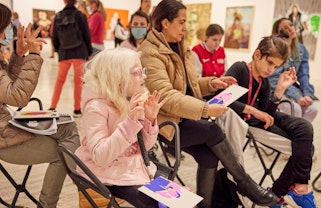 Guide Dogs Youth participants take part in an audio-description program at the Art Gallery of New South Wales