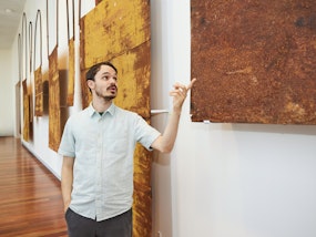 A person stands pointing at one of several large flat metal objects hanging on a wall