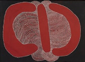 A painting in red and white with a thick vertical line and two thick curved lines along with a myriad of thin, wavy horizontal lines