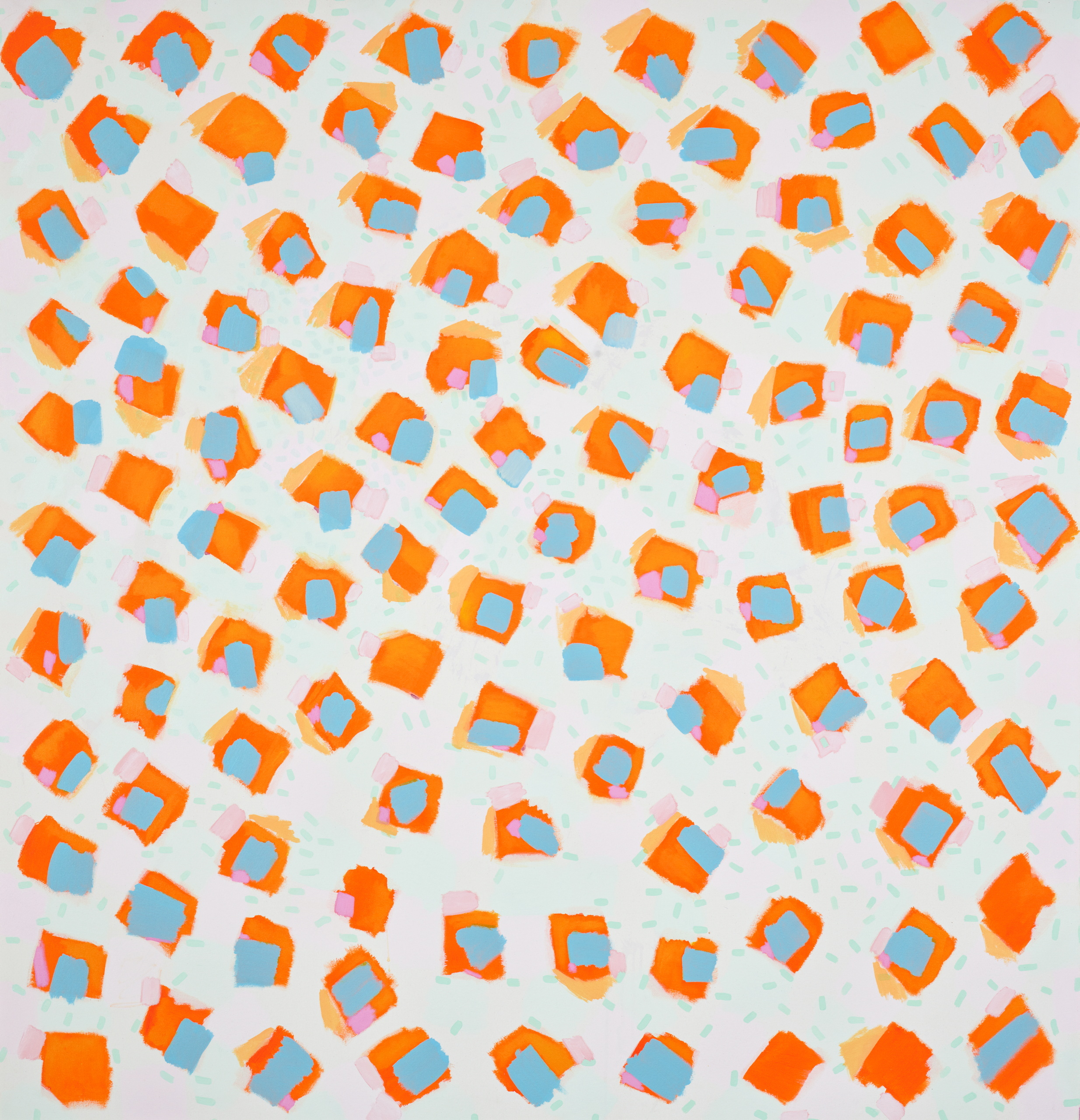 A pattern of over 70 bright orange, blue and pink rectangles on a square canvas.