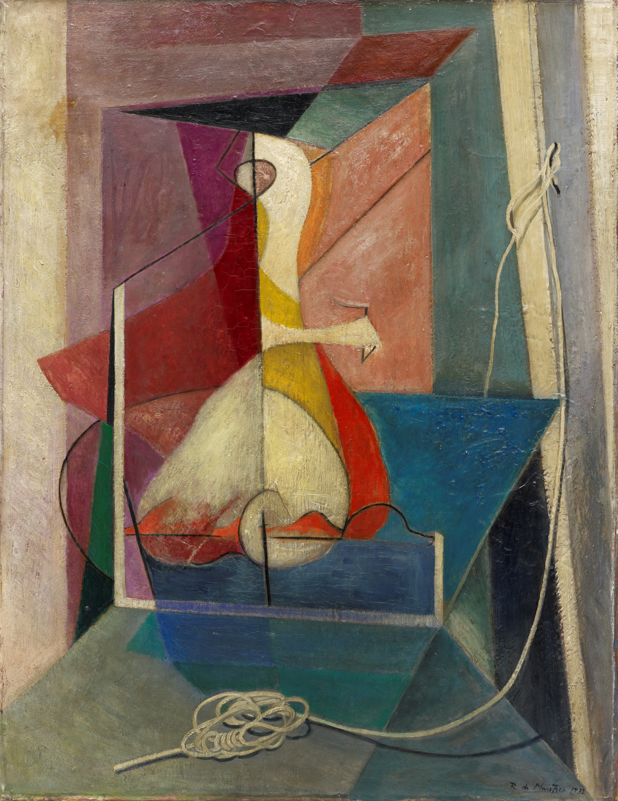 An oil painting of colourful oblongs. A length of rope is coiled in the foreground of the painting and is tied to a post on the right hand side.