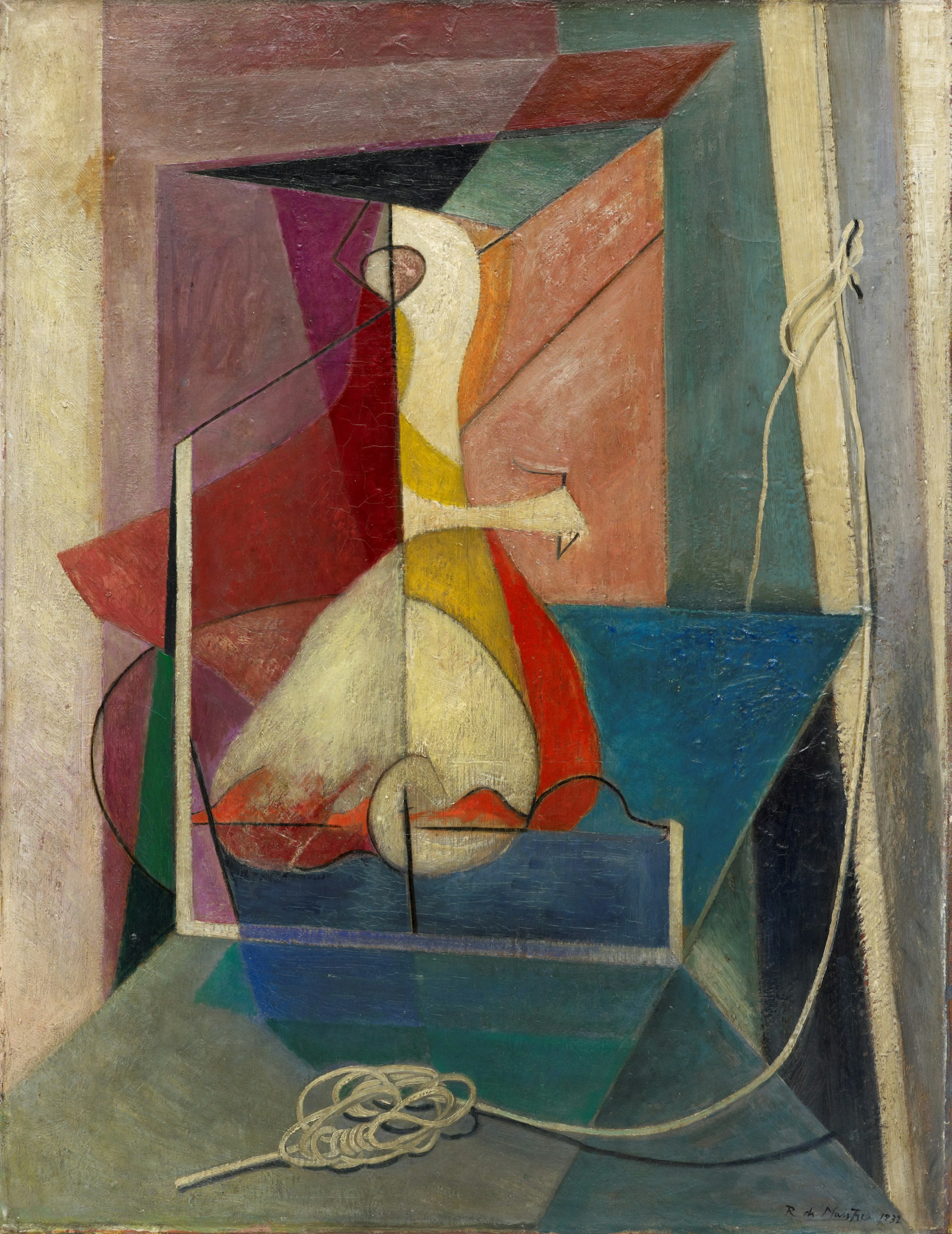 An oil painting of colourful oblongs. A length of rope is coiled in the foreground of the painting and is tied to a post on the right hand side.