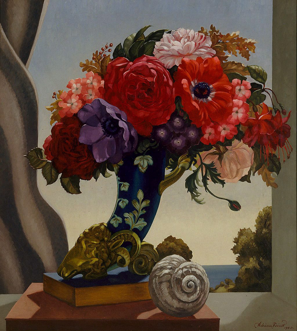 An oil painting of a vase packed with flowers in full bloom. The flowers are on a block witha golden curved object and a giant snail shell in the foreground. In the background is the horizon.